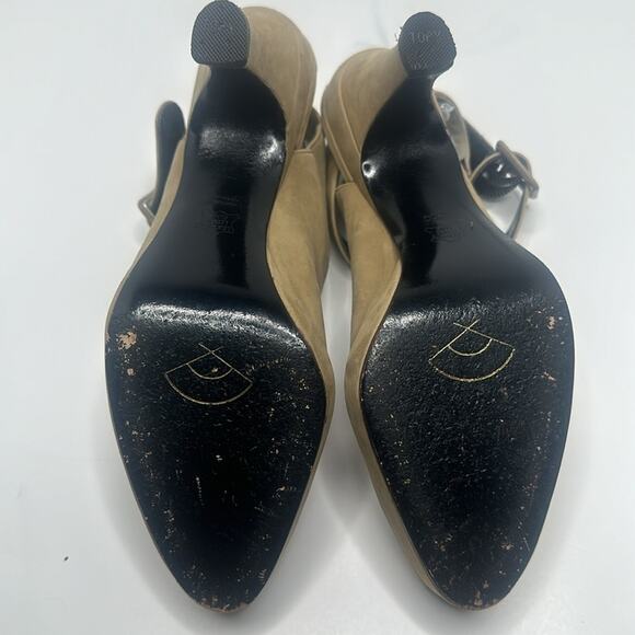 KARL LARGERFELD SAND TAN SUEDE PEEP TOE CrissCross STRAPS BACKLESS SANDAL SZ  7M - Picture 8 of 13